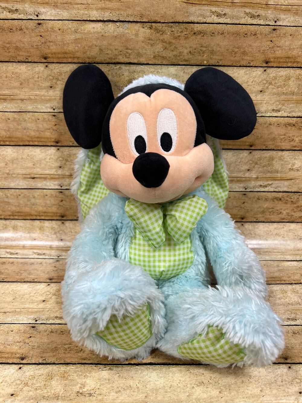 Disney Store Mickey Mouse Easter Bunny Plush 12.5" Blue Green Gingham Plaid 2016